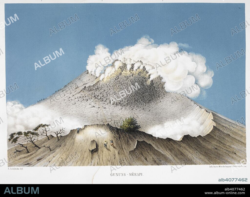FRANZ WILHELM JUNGHUHN. Gunung Merapi (fire mountain). Mount Merapi, an active volcano in in Indonesia.  . Java Album. Leipzig, 1856. colour illustration. Source: 1781.a.21, plate 11. Language: German.