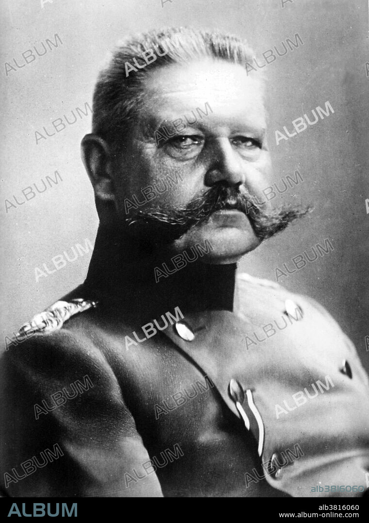 Paul Ludwig Hans Anton von Beneckendorff und von Hindenburg (October 2, 1847 - August 2, 1934) was a Prussian-German field marshal, statesman, and politicia. He first came to national attention during WWI, at the age of 66, as the victor at Tannenberg in 1914. In 1925 he was elected as the second President of Germany. In 1932, 84 years old and in poor health, he was considered the only candidate who could defeat Adolf Hitler. He was re-elected in a runoff.Although he was opposing Hitler, the deteriorating political stability of the Weimar Republic led him to dissolve the parliament twice and with increasing pressure from the rising Nazi party he was forced to appoint Hitler as Chancellor in January 1933. In February, he issued the Reichstag Fire Decree which suspended various civil liberties, and in March he signed the Enabling Act, in which the parliament gave Hitler's administration legislative powers. He remained in office until his death in 1934, at the age of 86. from lung cancer. Von Hindenburg at desk, Bain News Service, circa 1914-15.