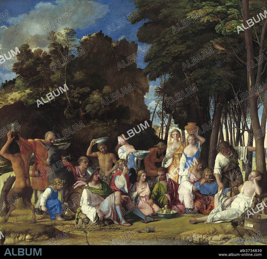 GIOVANNI BELLINI AND TITIAN. The Feast of the Gods. Dated: 1514/1529. Dimensions: overall: 170.2 x 188 cm (67 x 74 in.)  framed: 203.8 x 218.4 x 7.6 cm (80 1/4 x 86 x 3 in.). Medium: oil on canvas.