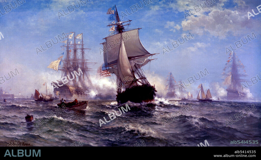 First recognition of the American flag by a foreign government. The Continental Navy ship USS Ranger, commanded by Captain John Paul Jones, receiving the salute of the French fleet at Quiberon Bay, France, February 14, 1778. Earlier in the month, after receipt of news of the victory at Saratoga, France recognized the independence of the American colonies and signed a treaty of alliance with them. Painting by Edward Moran, 1898. (cropped and cleaned).