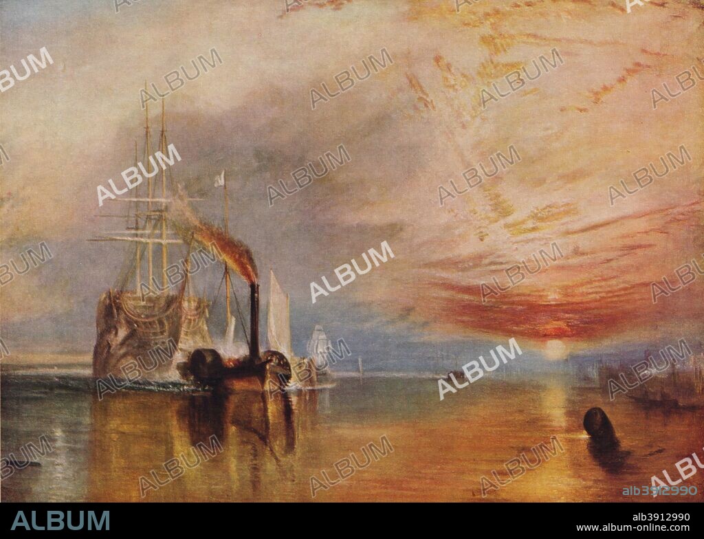 'The Fighting Temeraire', 1839. The 98-gun ship 'Temeraire' became known as the 'Fighting Temeraire' after its role in Nelson's victory at the Battle of Trafalgar in 1805. The ship remained in service until 1838 when she was decommissioned. The painting was thought to represent the decline of Britain's naval power. The 'Temeraire' is shown travelling east, away from the sunset, to evoke a sense of loss. Original work found in The National Gallery Collection.  From World Famous Paintings edited by J Grieg Pirie [W.& G. Foyle Ltd., London, 1938.].