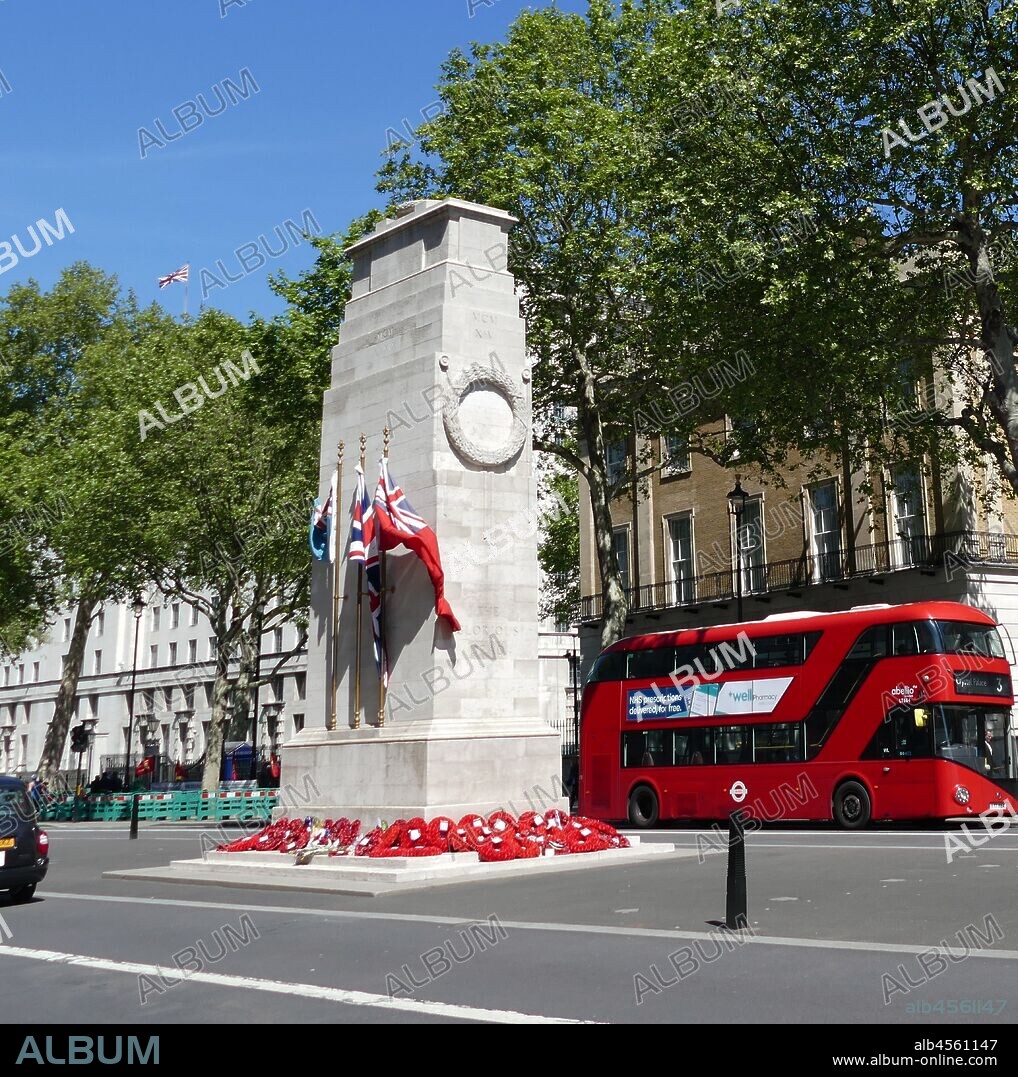 The Cenotaph war memorial on Whitehall in London, England. Its origin is in a temporary structure erected for a peace parade following the end of the First World War, and after an outpouring of national sentiment it was replaced in 1920 by a permanent structure and designated the United Kingdom's official national war memorial. Designed by Edwin Lutyens, the permanent structure was built from Portland stone between 1919 and 1920.