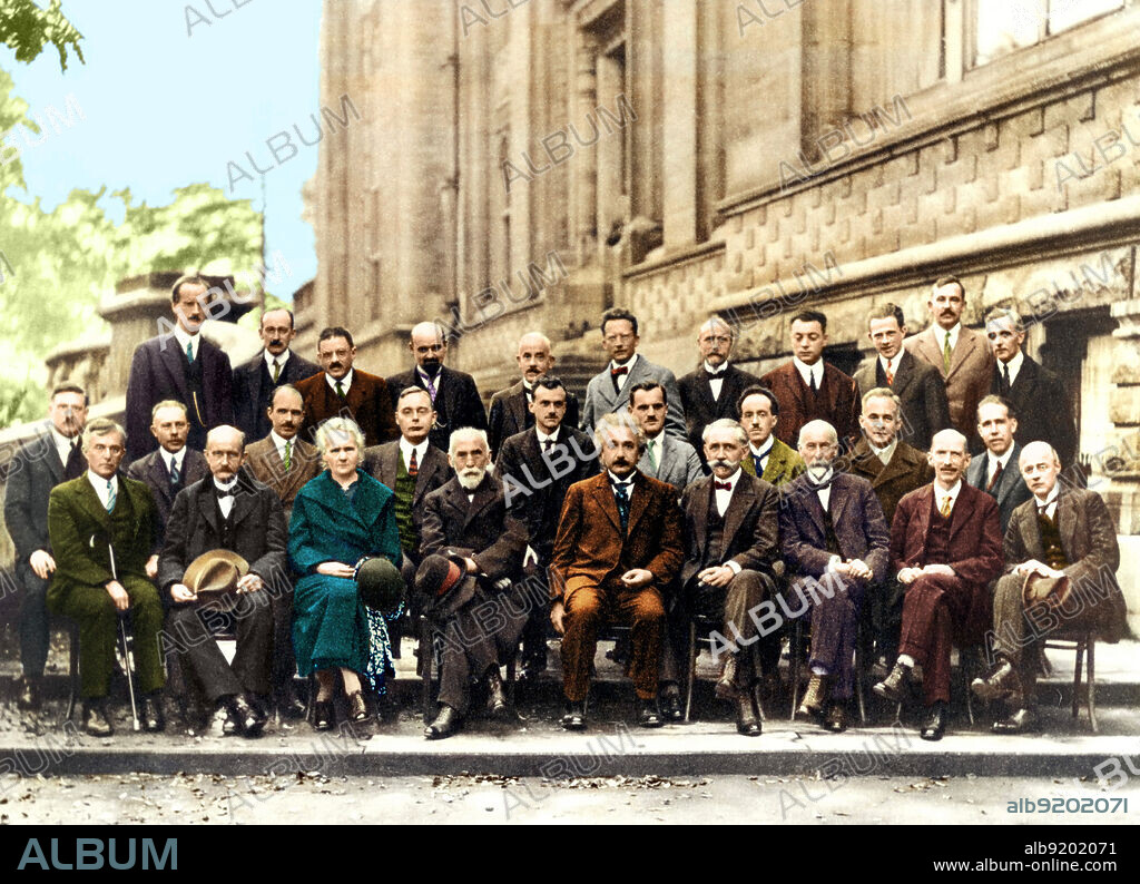 The International Solvay Institutes for Physics and Chemistry in Brussels held the first world physics conference in 1911 and began to host them every three years. The most famous conference was the fifth conference on Electrons and Photons in 1927. Attendees included Marie Curie, Albert Einstein, Niels Bohr, and Werner Heisenberg, to name a few. Of the 29 attendees, 17 were current or future Nobel Prize winners. Colorized.