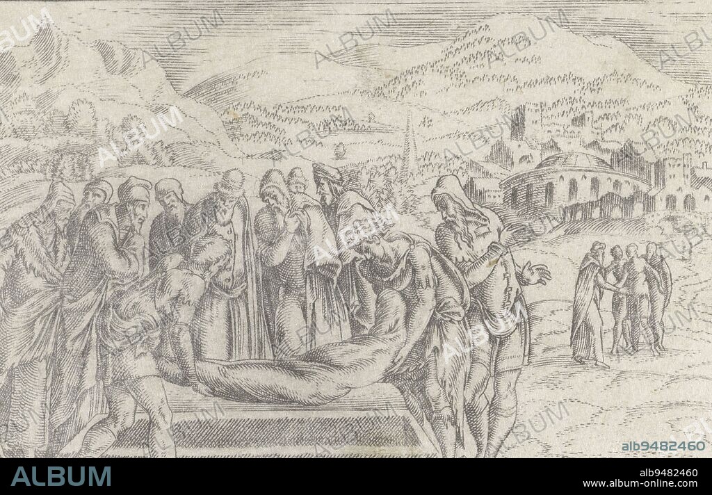 Abraham is buried by his two sons Isaac and Ishmael in his grave at Machpela where his wife Sarah is also already buried. Print from a series of 12 prints depicting the life of Abraham. All prints have four lines of German explanatory text in the lower margin, Funeral of Abraham The life of Abraham (series title), print maker: Cornelis Bos, Groningen, 1555, paper, engraving, h 70 mm × w 84 mm.