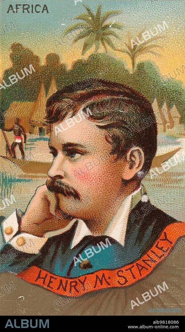 Famous Persons in American History; Sir Henry Morton Stanley (born28 January 1841 as John Rowlands in Denbigh) (Wales) (died10 May 1904 in London); also Bula Matari (he who breaks the stones); was a British-American journalist; African explorer and author of books; Historical; digital reproduction of a 19th-century scrapbook picture.