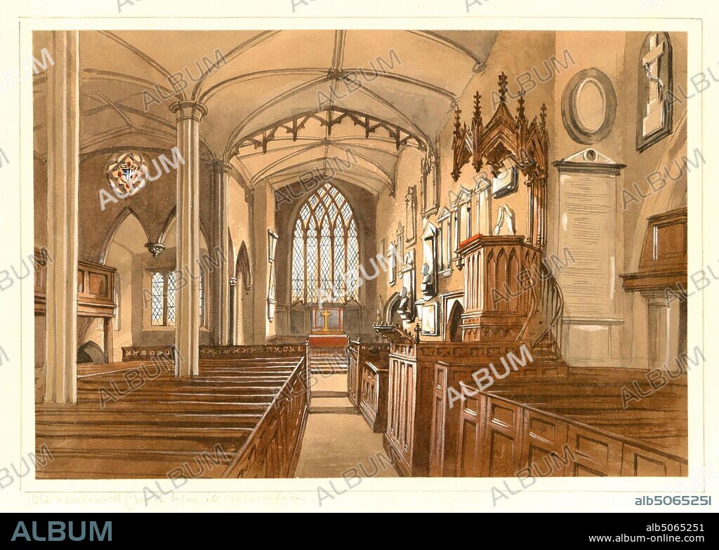 Old Handsworth Church before its Restoration, 1870-1873, Allen Edward Everitt (d. 1882), Handsworth, Birmingham, Watercolour, Topographical Views, Religion, Birmingham history, Architecture, Church, Interior.