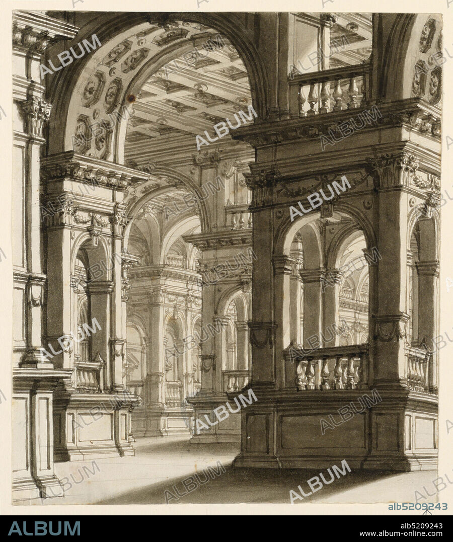 Stage Design, Interior of Renaissance Portico, Pen and bistre ink, brush and wash on paper, Vertical rectangle. Renaissance style portico with pilasters and arches, richly decorated., Italy, early 19th century, theater, Drawing, Drawing.