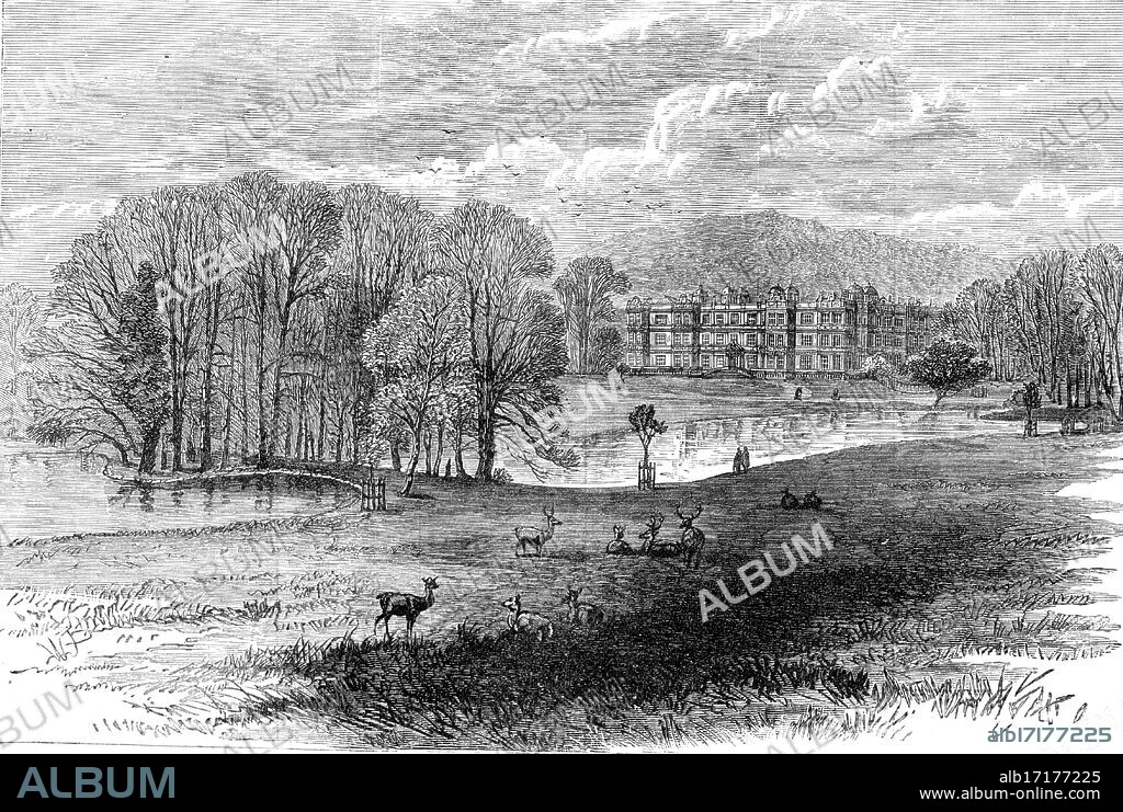 Longleat, Wiltshire, the seat of the Marquis of Bath..., 1881. Stately home '...situated two or three miles from Warminster...in the district formerly known as Selwood Forest. An Augustine Friars' monastery once stood upon the site, but it was given in the reign of Henry VIII. to Sir John Thynne, ancestor of the present Marquis of Bath. The house is a grand and stately pile of mixed Italian and English Tudor architecture, the building of which occupied twelve years in the reign of Queen Elizabeth, but it has since been much adorned and enlarged. The exterior is adorned with pilasters, cornices, and statues, of the Italian style. The park has a circumference of fifteen miles, containing 2000 acres of noble woods and plantations, a succession of lakes, with cascades, formed by the river Frome, and beautiful gardens and pleasure-grounds, laid out by [Capability] Brown, the famous landscape-gardener of the last century... The Marquis of Bath is Sir John Alexander Thynne...He succeeded his father, as fourth Marquis, in June, 1837, and in 1861 married the Hon. Frances Isabella Catherine Vesey, eldest daughter of the third Lord de Vesci. The Marquis of Bath has six children, his eldest son and heir, Lord Weymouth, being nineteen years of age'. From "Illustrated London News", 1881.