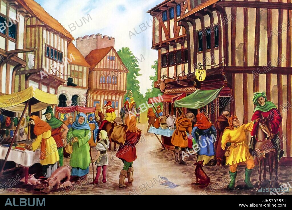 Illustration depicting a medieval English village with market and shops.