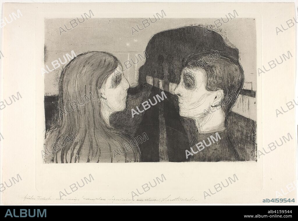 Attraction II. Edvard Munch; Norwegian, 1863-1944. Date: 1895. Dimensions: 217 x 318 mm (image); 266 x 335 mm (plate); 300 x 434 mm (sheet). Etching with open bite and drypoint with burnishing in black ink on cream laid Arches paper. Origin: Norway.