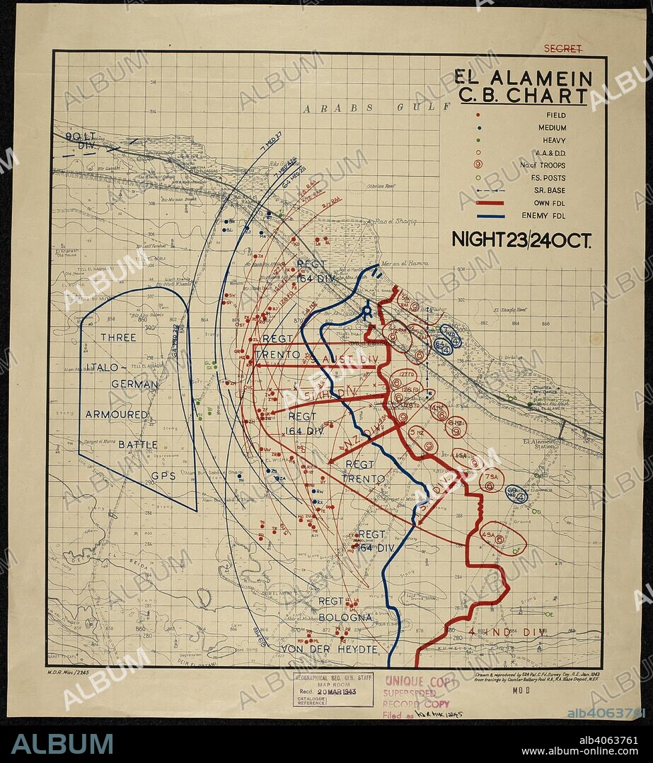 A chart with the title El Alamein C.B. showing the positions of British army forces and an area indicated as 'three Italo German armoured battle gps.'. El Alamein C. B. chart, Night 23/24 Oct. [1942], MDR Misc 2245. [Cairo] : [Survey Directorate, Middle East], 1943. Produced by: Great Britain. Army. Royal Engineers. Palestinian Field Survey Company, 524th. Maps : col.; Scale 1:100 000. Source: Maps MOD MDR Misc 2245.