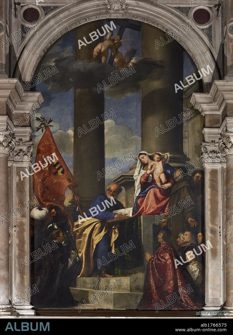 Pesaro Madonna (Pala Pesaro), by Tiziano Vecellio known as Titian, 1519-1526 about, 16th Century, oil on canvas, cm 478 x 266. Italy, Veneto, Venice, Santa Maria Gloriosa dei Frari Basilica. All. The Virgin and Child on the right. Behind them two large columns. Before the Virgin, with an open book, St Peter wearing a blue and yellow garment. Below around the throne of Our Lady group of figures. The one with armor, on the left, holding a red banner with the emblem of the Pesaro family. Members of the Pesaro family kneeling. Among them was a child that looks towards the observer. In the background blue sky with white clouds pillars marble arch tondi frame (Photographic Campaign 2010).