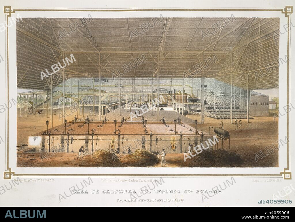JUSTO G. CANTERO y EDUARDO LAPLANTE. Casa de Calderas. Los Ingenios. Coleccion de vistas de los principal. Havana, 1857. Casa de Calderas del ingenio Santa Susana. Propiedad del ExcelentÃ­simo SeÃ±or Don Antonio Parejo. Cuban workers putting materials into a furnace. Interior of a boiling house.  Image taken from Los Ingenios. Coleccion de vistas de los principales ingenios de azucar de la Isla de Cuba. Edicion de lujo. El texto redactado por J. G. Cantero Las lÃ¡minas dibujadas del natural y litografiadas por Eduardo Laplante, etc. (Habana, 1857.)  Originally published/produced in Havana, 1857. . Source: 1780.c.14,. Language: Spanish.