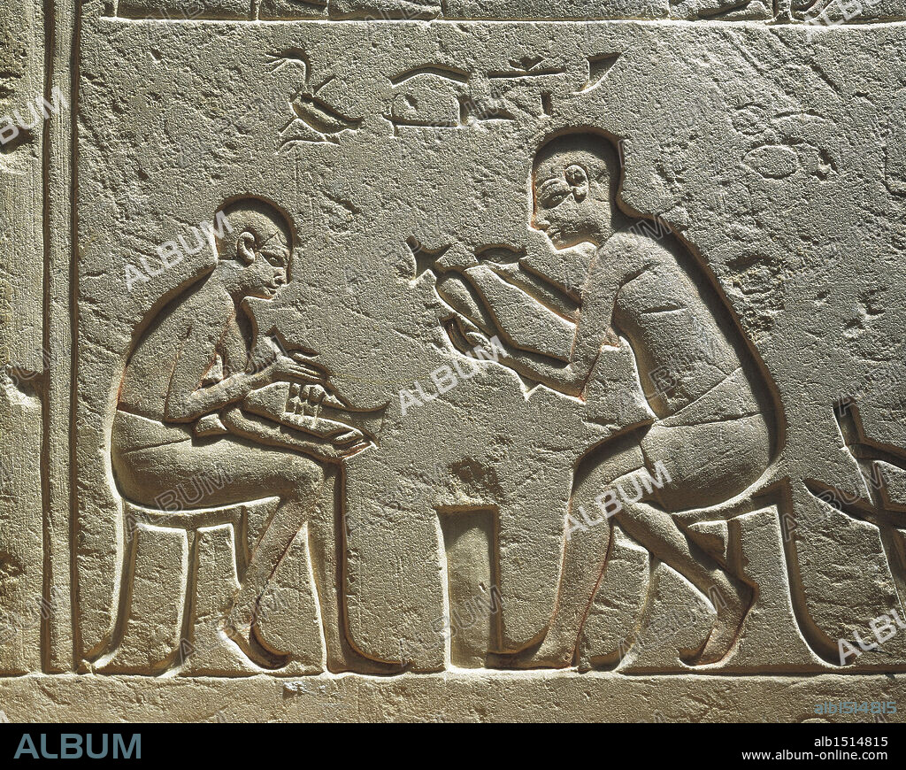 Egyptian civilization, Late Period, Dynasty XXVI-XXX. Relief on arts and crafts: votive sistra and small bottles manufacturers, from Saqqara.