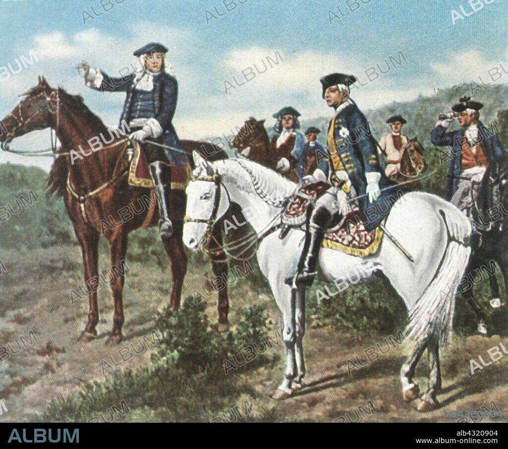 Prince Eugene and Crown Prince Frederick, 1734, (1936). 'Prinz Eugen Und Kronprinz Friedrich, 1734'. Prince Eugene of Savoy (1663-1736) and the future King Frederick the Great of Prussia (1712-1786) on the battlefield during the War of the Polish Succession. From "Bilder Deutscher Geschichte", (Pictures of German History), No.12, cigarette card album. [Cigaretten-Bilderdienst, Altona-Bahrenfeld, Hamburg, Germany, 1936].