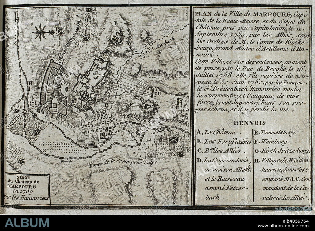 JEAN DE BEAURAIN (1696-1771). FRENCH GEOGRAPHER.. Guerra de los Siete Años (1756-1763). Plano de la ciudad de Marburgo y asedio del castillo, tomado por capitulación el 11 de septiembre de 1759 por las fuerzas aliadas a las órdenes del conde de Buckeburg. La ciudad había estado tomada por el duque de Broglie el 16 de julio de 1758, siendo recuperada nuevamente por los franceses el 30 de junio de 1760. Publicado en 1765 por el cartógrafo Jean de Beaurain (1696-1771) como ilustración de su Gran Mapa de Alemania, con los eventos que tuvieron lugar durante la Guerra de los Siete Años. Aguafuerte y grabado. Edición francesa, 1765. Biblioteca Histórico Militar de Barcelona. Cataluña, España.