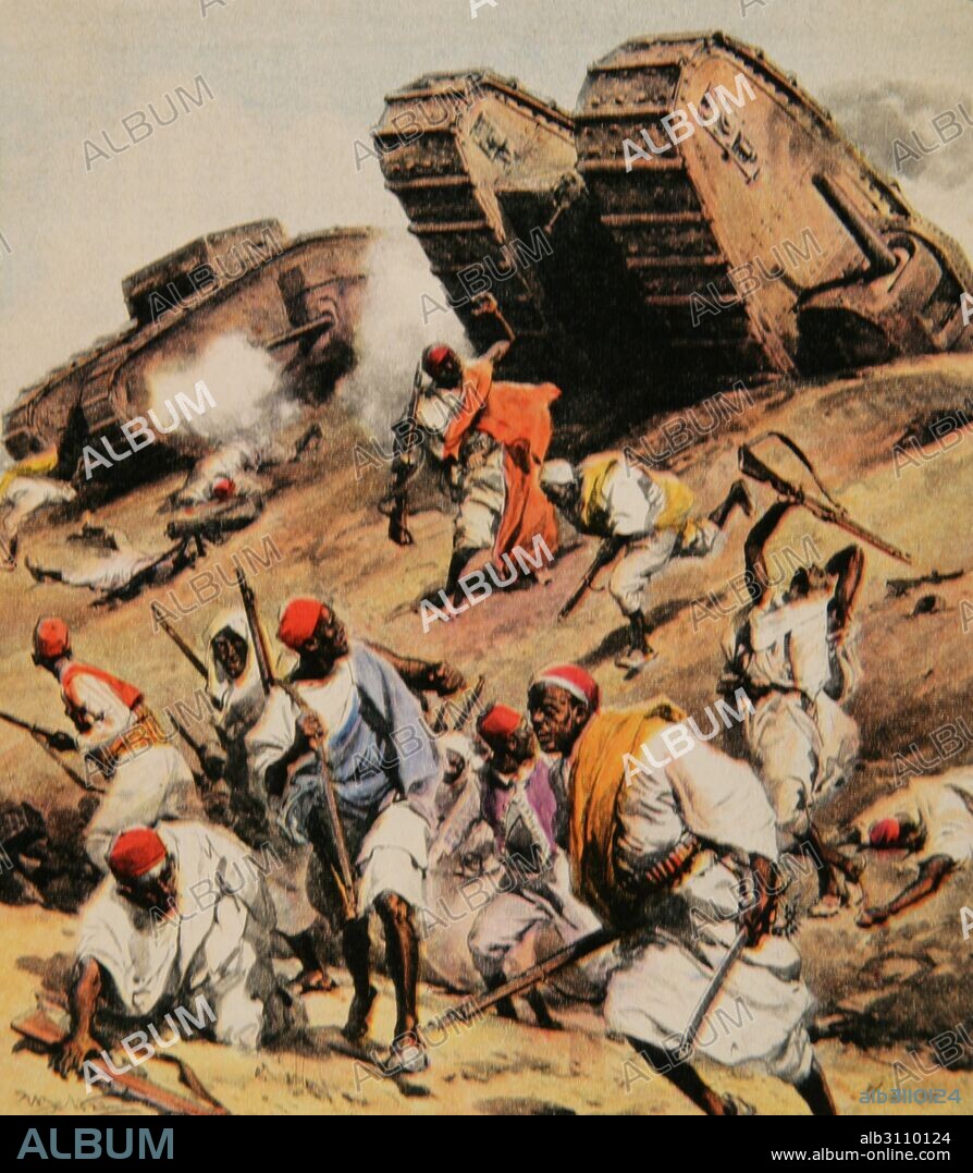 Guerra turco-italiana o Guerra de Libia. Conflicto armado entre el Imperio otomano y el Reino de Italia. 1911-1912. "Batalla de Zanzur", 8 de junio de 1912. Victoria italiana. Grabado de La Domenica del Corriere, Italia. Color.