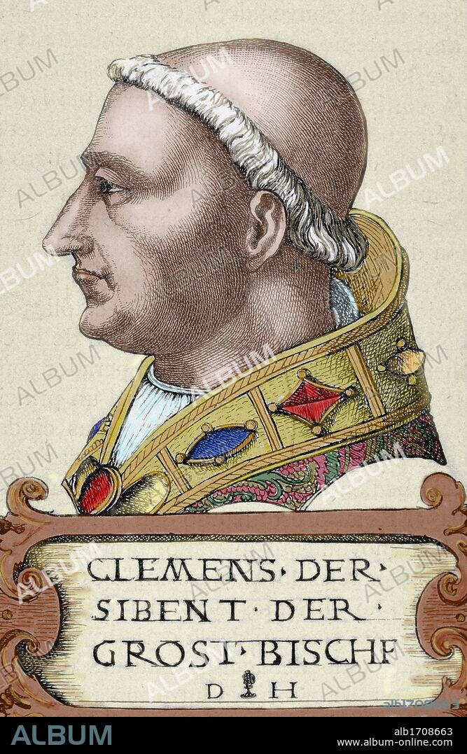 Clement VII (1478–1534), born Giulio di Giuliano de Medici Cardinal from 1513 to 1523 and  Pope from 1523 to 1534. Thanks to his patronage Michelangelo finished the paintings of the Last Judgement in the Sistine Chapel. Engraving by R. Cremer. Colored.