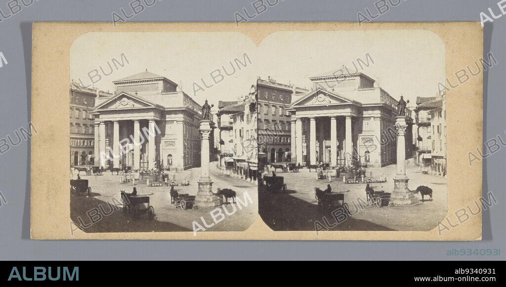 View of the Piazza della Borsa at Trieste, TRIESTE. Piazza della Borsa Vecchia colla statua di Carlo VI. (title on object), anonymous, Piazza della Borsa, c. 1850 - c. 1880, cardboard, albumen print, height 85 mm × width 170 mm.