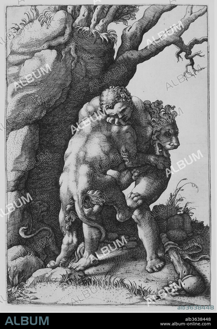Hercules and the Nemean Lion. Artist: After Giulio Romano (Italian, Rome 1499?-1546 Mantua); Adamo (Ghisi) Scultori (Italian, Mantua ca. 1530-1587 Rome). Dimensions: sheet: 8 1/4 x 5 1/2 in. (21 x 14 cm).