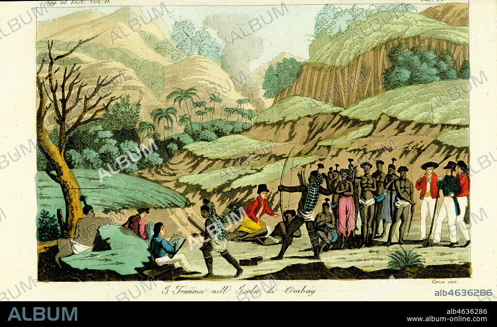 French explorers drawing natives on the island of Ombai (Ombay), Indonesia, 19th century. Jacques Arago drawing warriors in breastplates with bows and arrows. Handcoloured copperplate engraving by Corsi after Jacques Etienne Victor Arago from Giulio Ferrario's Costumes Ancient and Modern of the Peoples of the World, Florence, 1834.