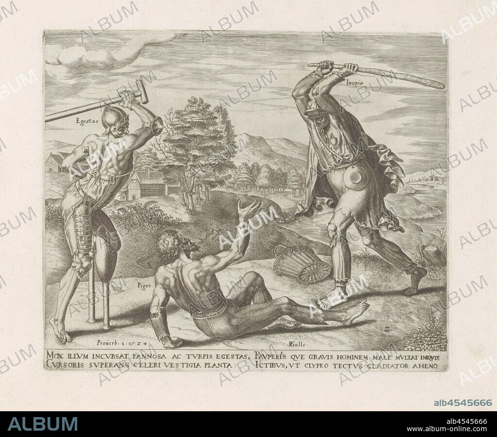 The sloth is crushed by Poverty and Deficiency Story of the sloth (series title) Thesaurus sacrarum historiaru [m] veteris testame [n] ti, elega [n] tissimis imaginibus expressu [m] excelle [n] tissimoru [m] in hac arte viroru [m] opera: now [n] c primu [m] in luce [m] editus (series title), The sloth is on the floor. The personifications of Gebrek, a man with an amputated leg, and Poverty, a man with torn pants, strike him with batons. To the Bible texts in Spr. 6:11 and Spr. 24:34. Under the representation an explanatory text in Latin. Print is part of an album, Stupidity, Poverty or Intellect, 'Stupidità overo Stolidità' (Ripa) (clothed), the book of Proverbs, fighting, Philips Galle (mentioned on object), 1563 - 1567 and/or 1579, paper, engraving, h 207 mm × w 249 mm.