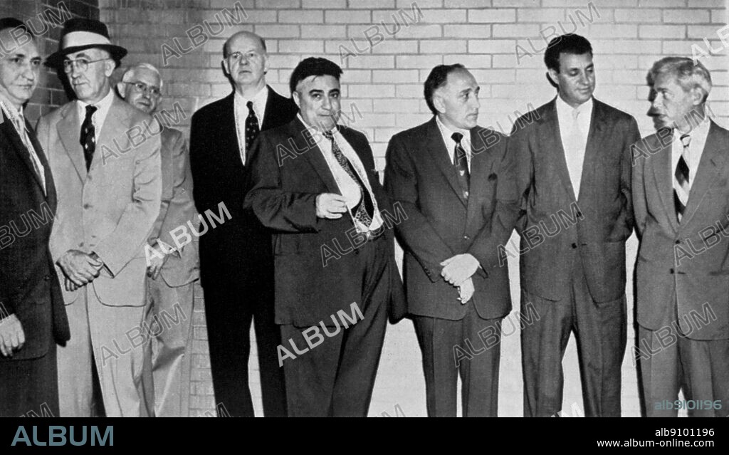 Brinks Robbery 1950. Eight of the eleven men involved in the robbery photographed on their conviction of 1956. left to right Michael V Geagen James I Faherty Thomas F Richardson Joseph F McGinnis Anthony Pino Vincent J Costa Adolph Maffie Henry Baker. The Great Brink's Robbery was an armed robbery of the Brinks Building in Boston, Massachusetts, USA.