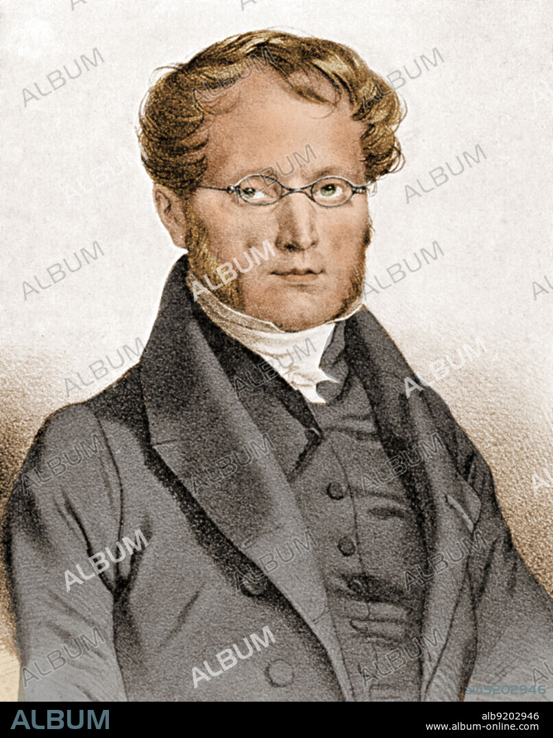 Pierre-Charles-Alexandre Louis (1787-1872), French physician, clinician and pathologist known for his studies on tuberculosis, typhoid fever, and pneumonia. He developed the "numerical method," a forerunner to epidemiology and the modern clinical trial. Lithograph by Nicolas Eustache Maurin (1799-1850). Colorized.