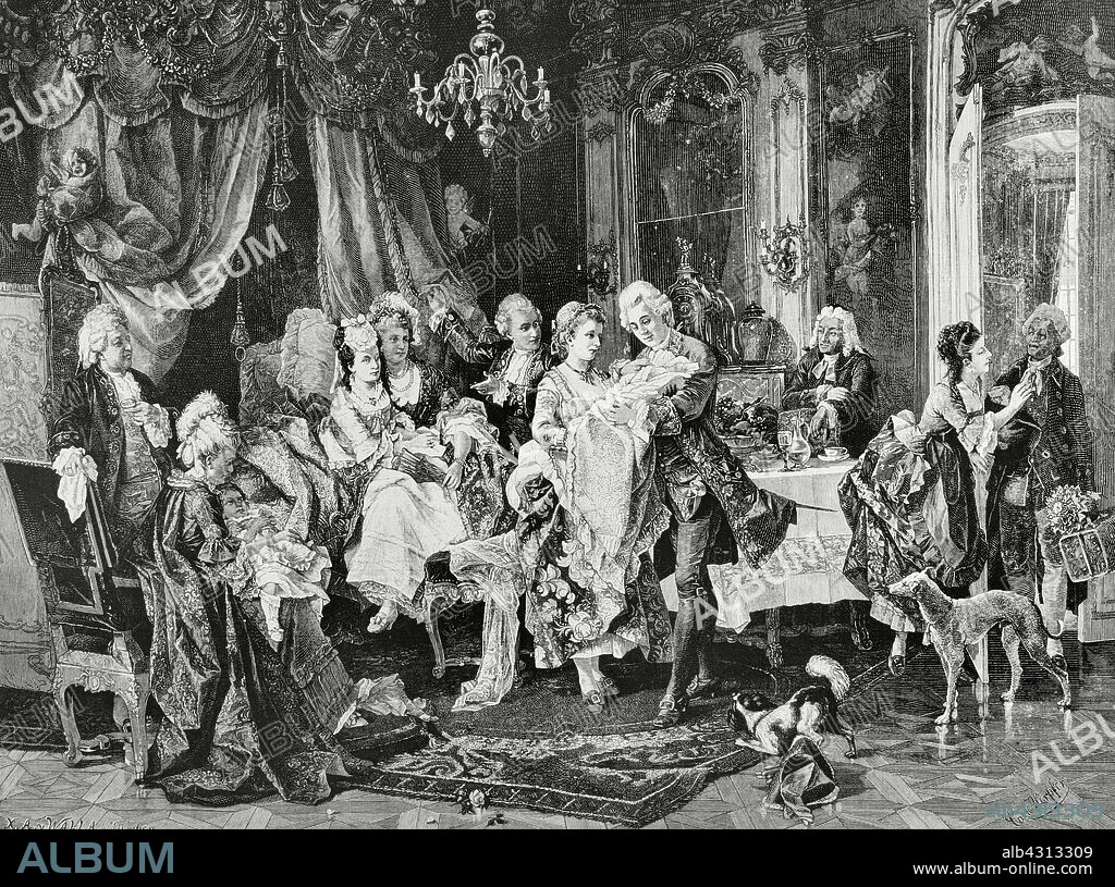 18th-century European society. Return from the christening. Scene of aristocratic customs at the time of Louis XV. The christening party has just returned from the parish church. The nurse presents the newborn to the guests. Engraving by Walla after a painting by Carl Herpfer (1836-1937). La Ilustración Española y Americana (The Spanish and American Illustration), January 15, 1884.