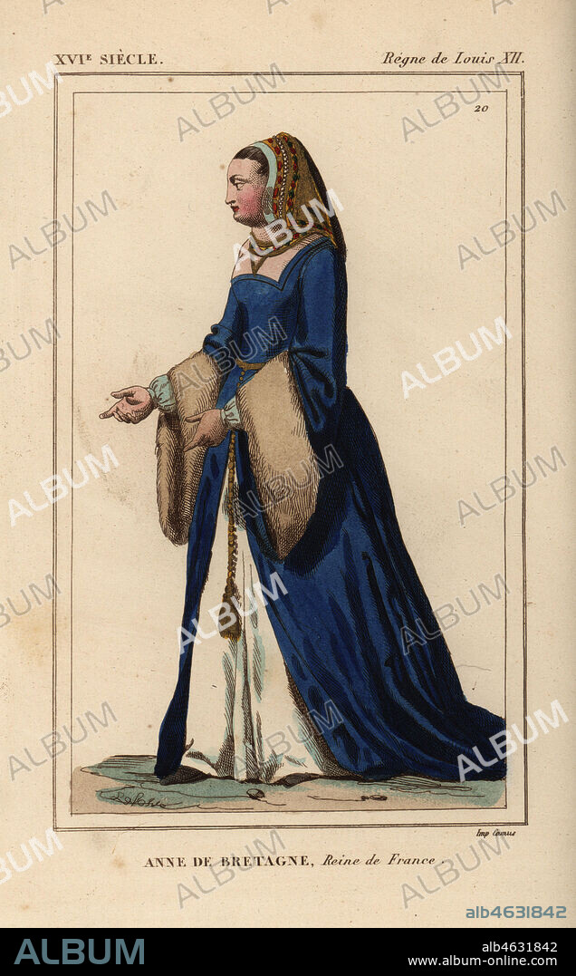 Anne, Duchess of Brittany, Queen of France, 1477-1514. Anne de Bretagne, Reine de France. Handcoloured lithograph by Georges Lafosse after a miniature by Jean Marot in Bernard de Montfaucon's collection IV VII from Le Bibliophile Jacob aka Paul Lacroix's Costumes Historiques de la France (Historical Costumes of France), Administration de Librairie, Paris, 1852.