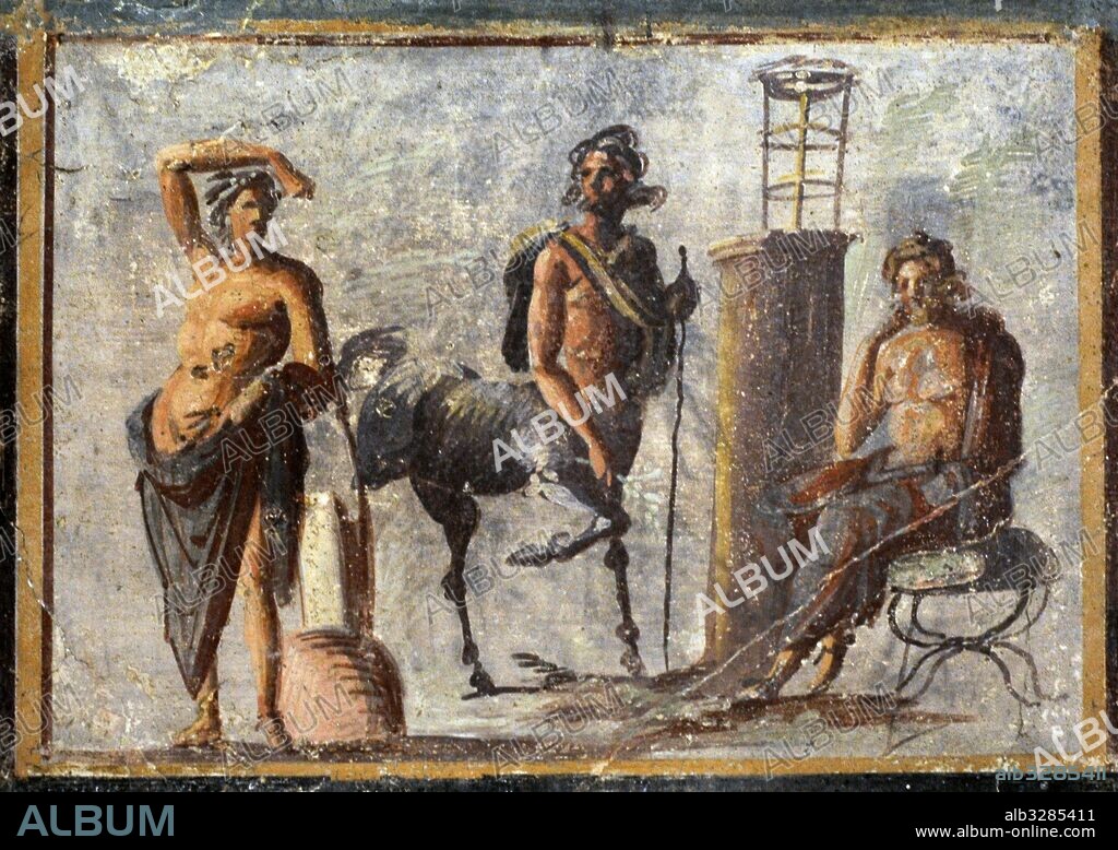 Fresco con la representación de Apolo, el centauro Quirón y Asclepio. Pompeya. Museo Arqueológico Nacional. Nápoles. Italia.