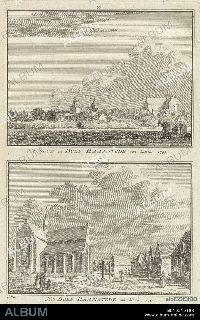 Pronk, Cornelis, Haarlem, Spilman, Hendrik, The Castle and Village of Haamstede from the outside, 1745, The Village of Haamstede from the inside, 1745, Two views of the village of Haamstede, verso - stamped, print, book illustration, prints, height 160 mm, width 100 mm, Northern Netherlands, 1721-02-17 - 1784, print maker, printmaker, 1754 - 1754, paper, papier, etching, etchings, 1691-12-10 - 1759-09-29, intermediary draughtsman.