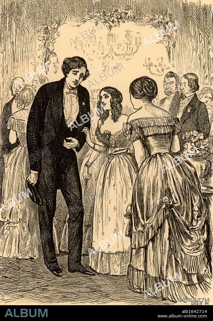 Morris Townsend the penniless adventurer is introduced by Marian Almond (centre) to Catherine Sloper, the plain heiress he planned to marry for her money.  Illustration for the serialisation of "Washington Square" by Henry James in "The Cornhill Magazine" (London, 1880).  (Photo by: Universal History Archive/UIG via Getty Images).