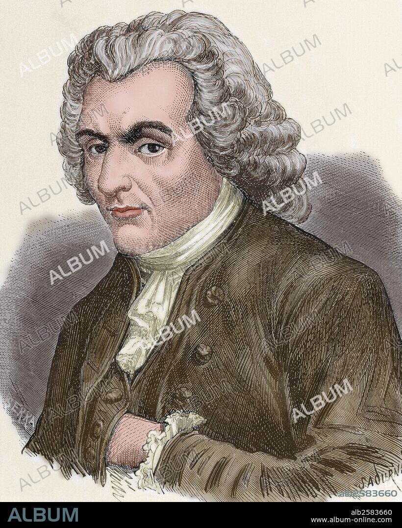 Jean-Jacques Rousseau (1712-1778). Genevan philosopher, writer, and composer. Portrait. Engraving by Sadurni. Colored.