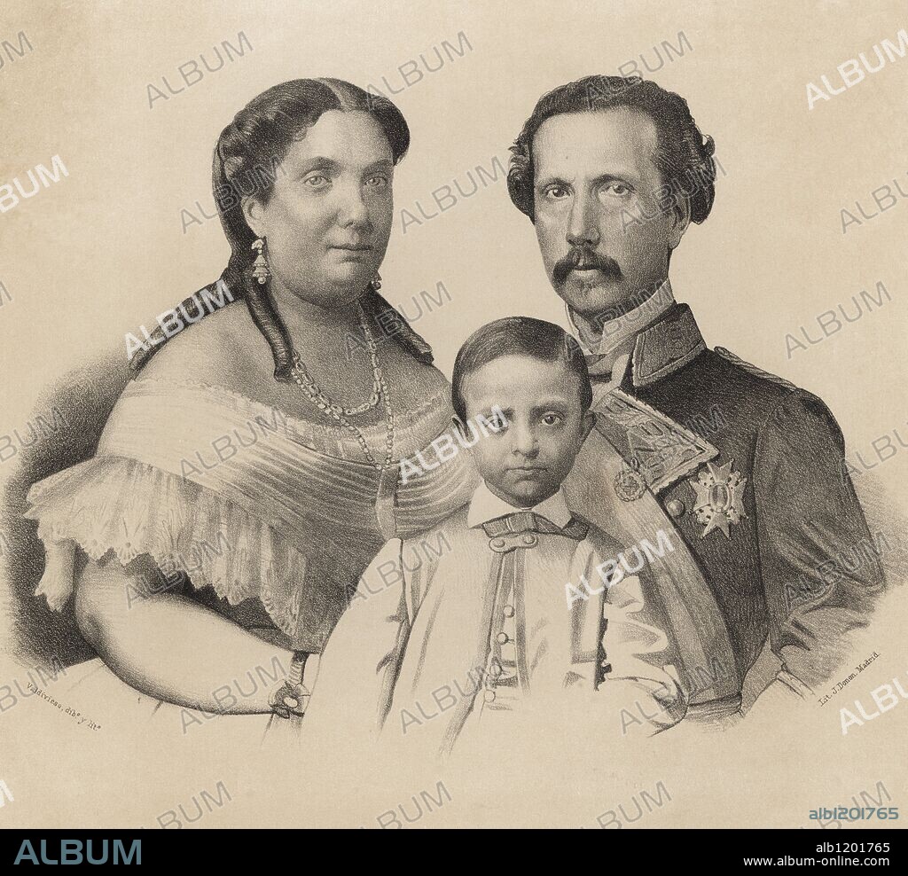 Isabel II (1830-1904), Reina de España desde 1833 a 1868, con su marido, el Rey consorte D. Francisco de Asís, y su hijo, Alfonso XII, Príncipe de Asturias. Grabado de 1870.