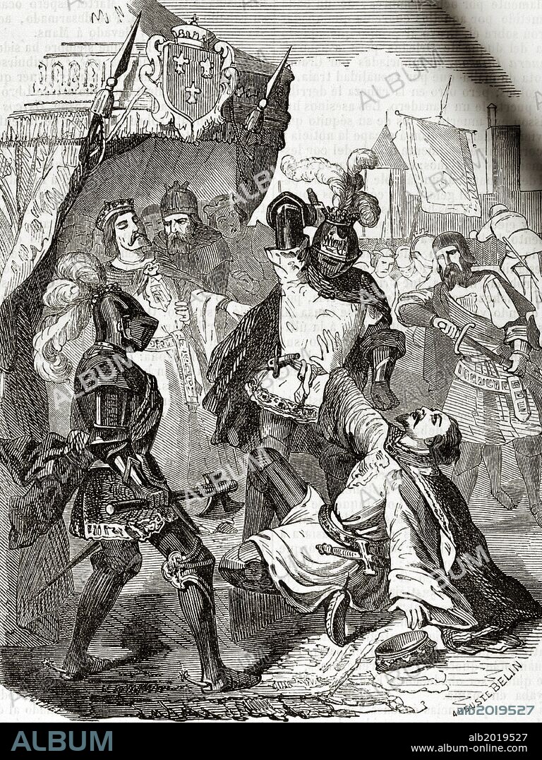 AUGUSTE BELIN. CARLOS EL TEMERARIO, Duque de Borgoña (1433-1477). "Asesinato del Duque de Borgoña, Bramante, Limburgo y Luxemburgo, entre otros títulos, en le puente de Montereau". Pertenecía a una rama menor de los Valois, que gobernaron Borgoña entre 1364-1482. Grabado.