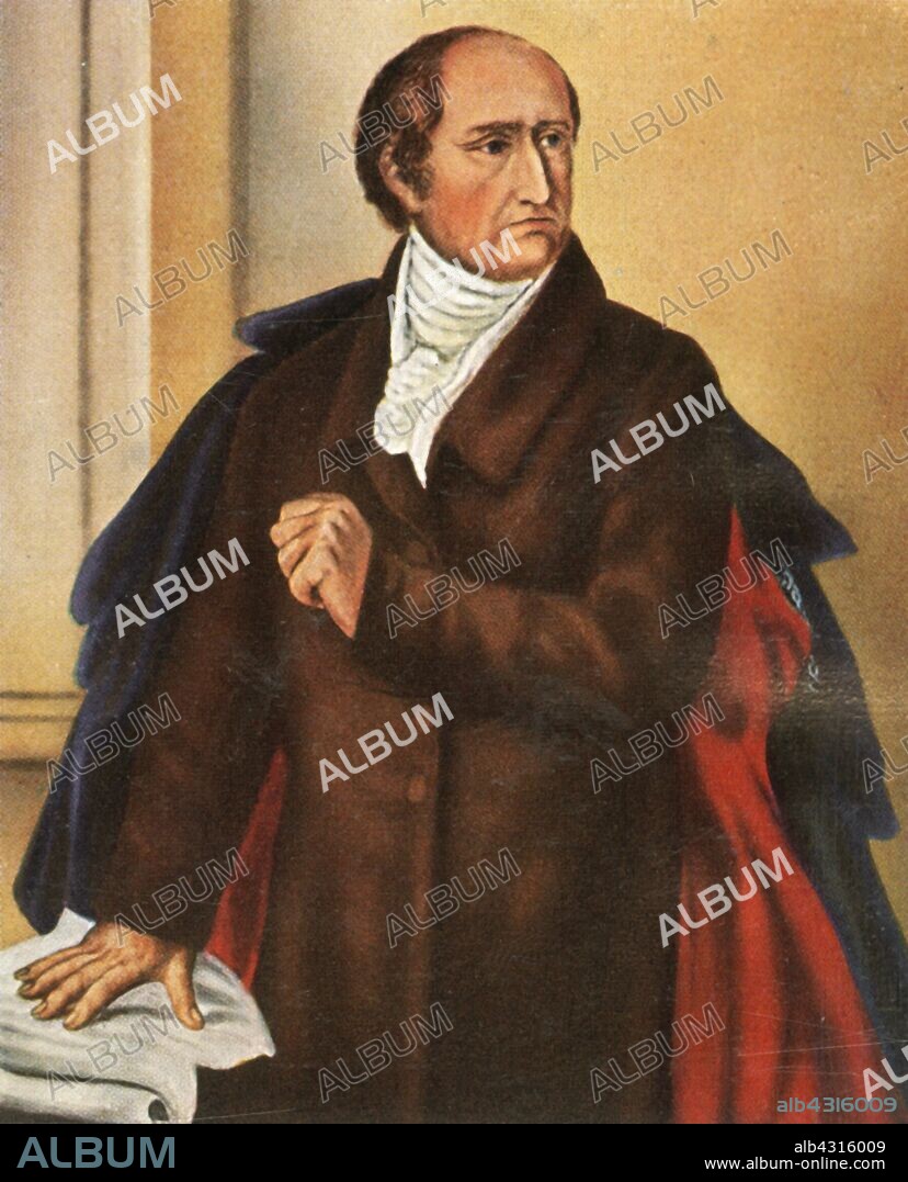 Baron Vom Stein, (1936). 'Reichsfreiherr Vom Stein'. Portrait of Baron (of the Holy Roman Empire) Heinrich Friedrich Karl vom und zum Stein (1757-1831) who introduced the Prussian reforms that paved the way for the unification of Germany. From "Bilder Deutscher Geschichte", (Pictures of German History), No.12, cigarette card album. [Cigaretten-Bilderdienst, Altona-Bahrenfeld, Hamburg, Germany, 1936].