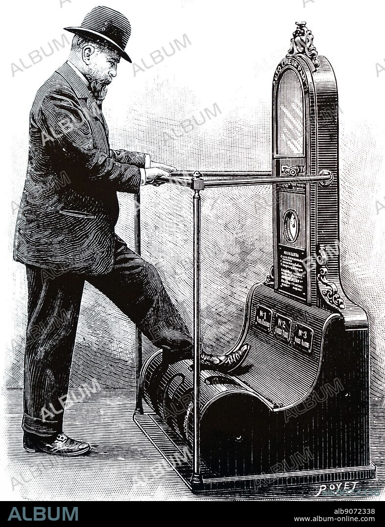 Engraving depicting a coin-operated shoes cleaning machine.