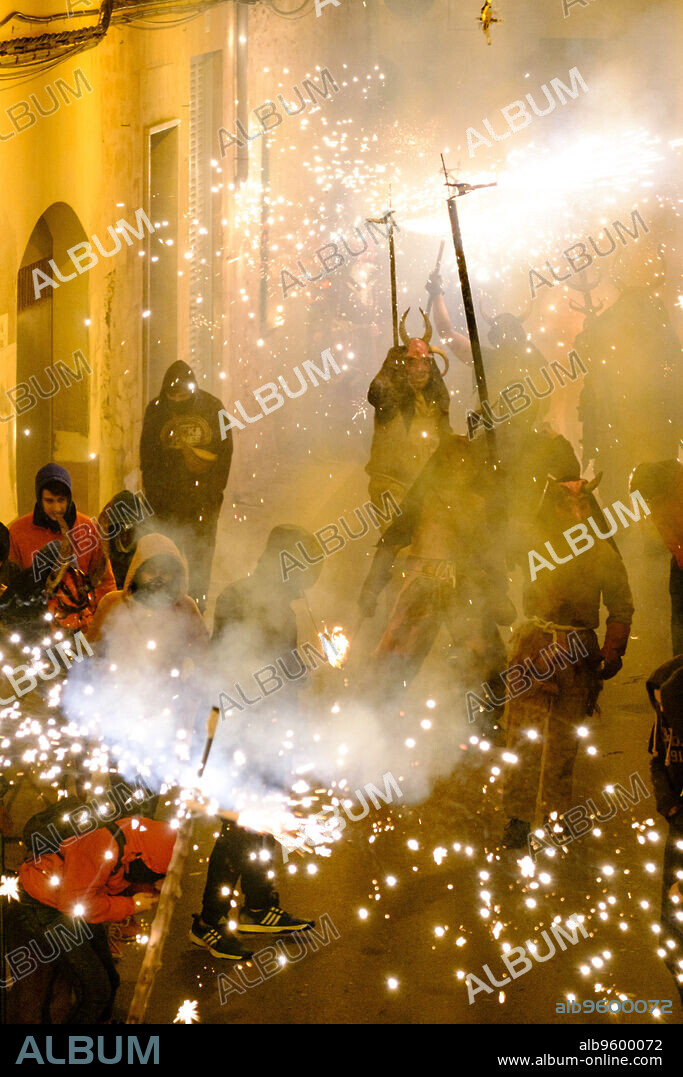 Fire devils dance in Llucmajor - Sant Antoni-, Mallorca, Balearic Islands, Spain.