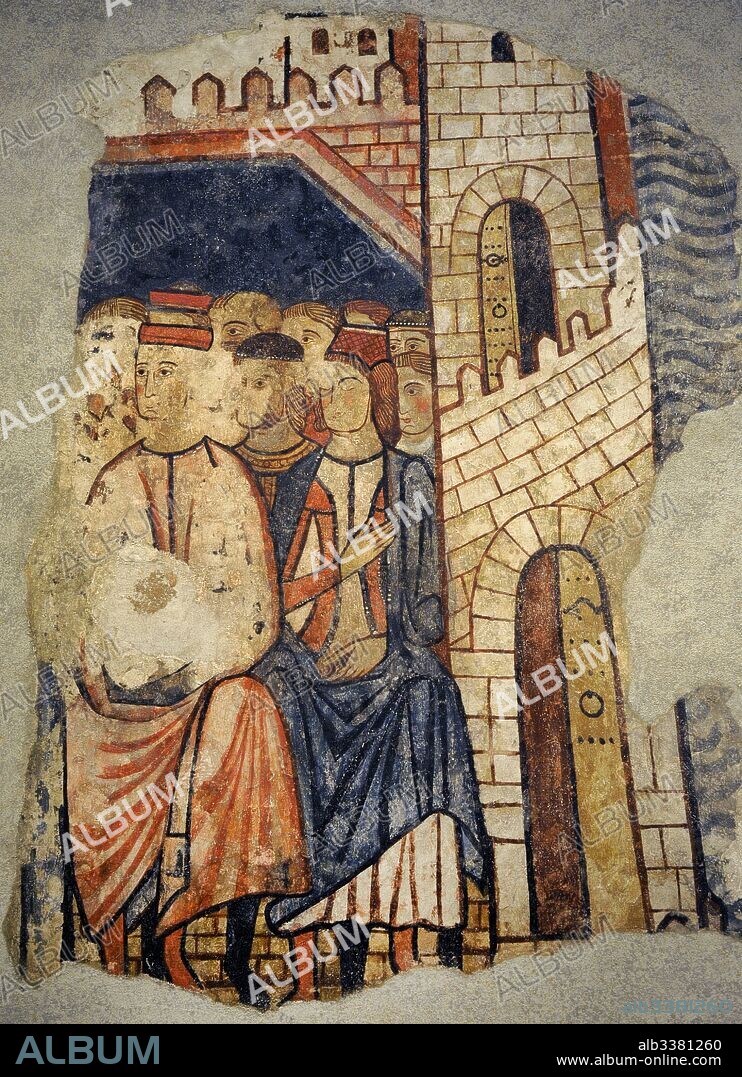 Maestro de la Conquista de Mallorca. Pinturas murales de la Conquista de Mallorca, 1285-1290. Procede del Palacio Berenguer Aguilar, Barcelona. Estilo Gótico Linear. Fresco traspasado a lienzo. Detalle con la reunión de las Cortes en Barcelona, 1228. Museo Nacional de Arte de Cataluña. Barcelona. Cataluña. España. Master of the Conquest of Majorca. Mural paintings of Conquest of Majorca, 1285-1290. From the Palace Berenguer Aguilar, Barcelona. Linear Gothic style. Fresco transferred to canvas. Detail depicting meeting of the Catalan Parliament in Barcelona, 1228. National Art Museum of Catalonia. Barcelona. Catalonia. Spain.