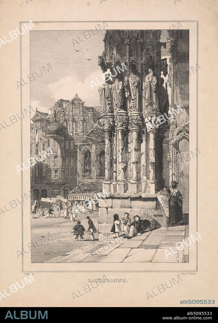 Ratisbonne, Print made by François-Séraphin Delpech, 17781825, French, after Thomas Shotter Boys, 18031874, British, between 1818 and 1825, Transfer lithograph on moderately thick, smooth, beige wove paper, Sheet: 13 x 9 5/16 inches (33 x 23.6 cm) and Image: 10 9/16 x 7 3/8 inches (26.8 x 18.7 cm), arches, architectural subject, architecture, baskets, birds, buildings, cathedral, children, church, city, cityscape, coats, columns (architectural elements), dome, dresses, figures, genre subject, hats, market (event), marketplace, men, niches, onion dome, pillars, saints, stairs, stripes, talking, tents, trousers, walking, windows, women, working class, Bayern, Europe, Germany, Oberpfalz, Ratisbonne.