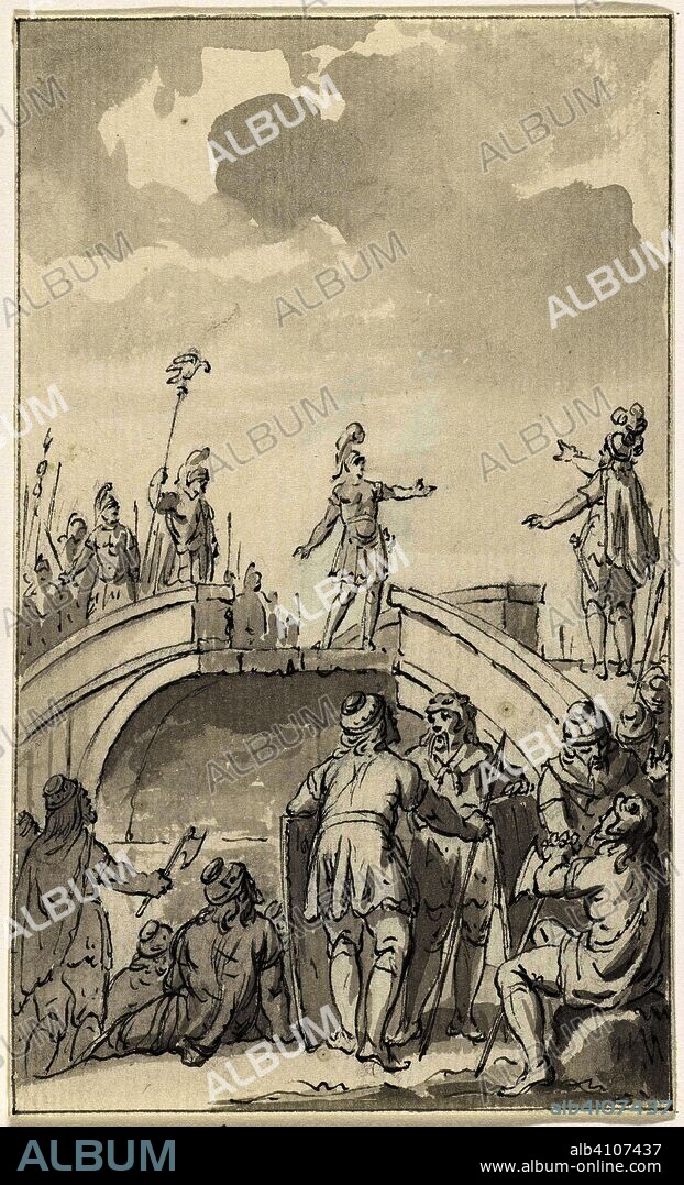 Peace negotiations between Claudius Civilis and Petilius Cerealis on the broken bridge, 70. Draughtsman: Jacobus Buys. Dating: 1779 - 1784. Measurements: h 148 mm × w 90 mm.