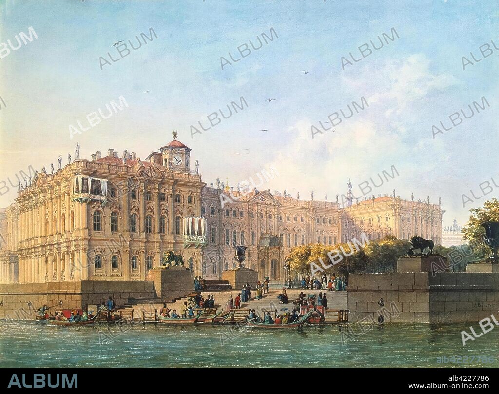 LUDWIG BOHNSTEDT. 'Neva Embankment by the Western Facade of the Winter Palace'. Series "Views of St Petersburg and Moscow", produce as a gift to Queen Victoria on the occasion of the 10th anniversary of her reign. Russia, 1847. Dimensions: 27,2x37,5 cm.