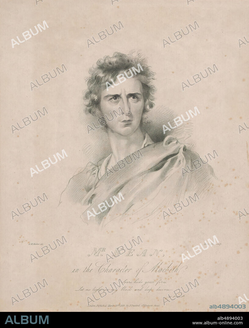 Henry Meyer, Mr. Kean in the Character of Macbeth, Henry Meyer (British, London 1782/831847 London), After George Henry Harlow (British, London 17871819 London), Edmund Kean (British, 17871833), William Shakespeare (British, Stratford-upon-Avon 15641616 Stratford-upon-Avon), March 20, 1815, Stipple engraving, Sheet: 11 9/16 × 9 7/16 in. (29.4 × 24 cm), Prints.