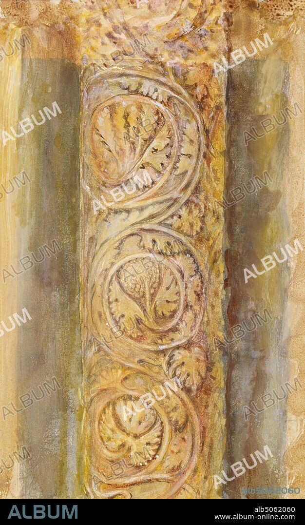 Detail of Carved Pillar from East Door, Baptistery, Pisa, 1882 John Ruskin, Watercolour, Italy, Architecture, Pre-Raphaelite, Design.