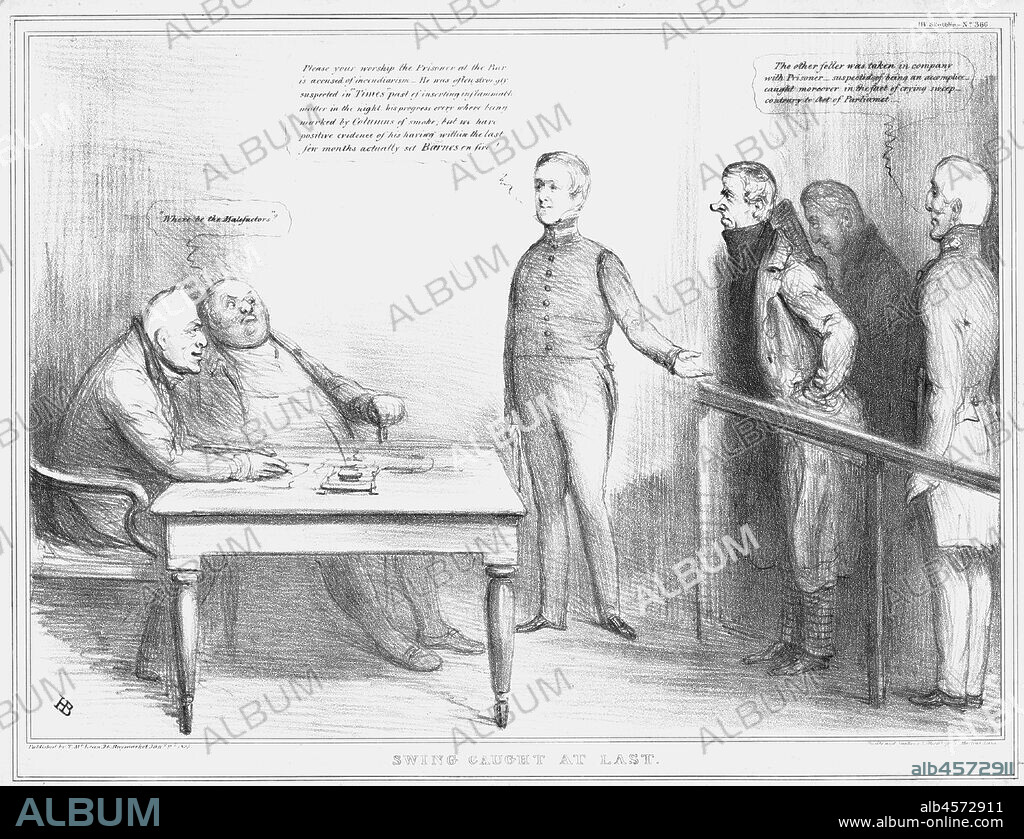 'Swing Caught at Last', 1835. Former Lord Chancellor Henry Brougham stands in the dock, as Sir Robert Peel explains his crime of 'incendiarism' to 'judge' King William IV. On the right is the Duke of Wellington. Satirical cartoon on British politics by 'H.B.' (John Doyle). [Thomas McLean, London, 1835].