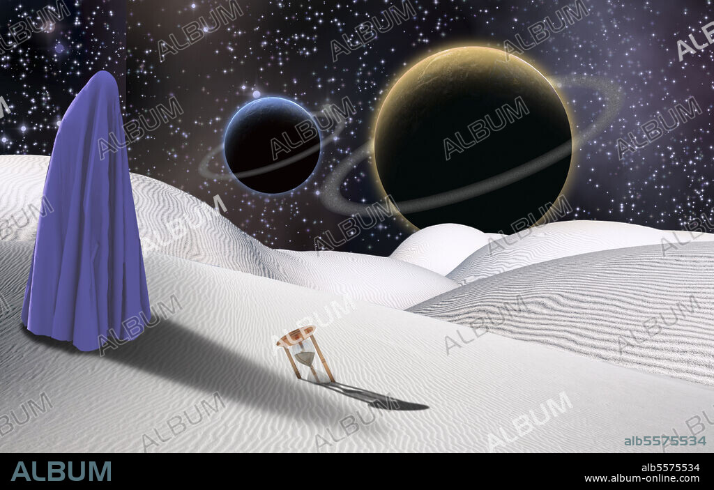Surreal desert with hourglass. Figure of man in clothes similar to hijab. Mystical planets on the horizon.