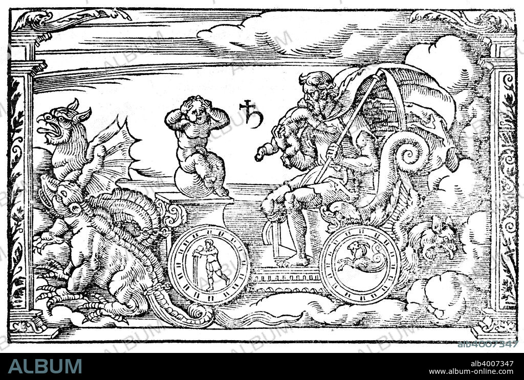 Saturn, Roman god of time, 1569. Saturn (Greek Kronos) riding in his chariot drawn by dragons. He devoured all his children except Jupiter, Neptune and Pluto. Saturn was considered a male planet, warm, with characteristics of Earth and lead, properties of dry and cold. He had two 'houses', Aquarius and Capricorn, whose symbols are on the wheels of his chariot. His metal was lead. Agriculture, the aged and the melancholic came under his protection. From Phaenomena et Prognostica by Aratus. (Cologne, 1569).