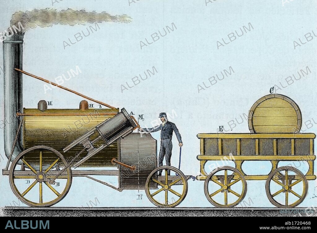 The Rocket. Locomotive designed by British engineer and inventor George Stephenson (1781-1848). It was the first that was traveling with passengers between the cities of Liverpool and Manchester (1830), at an average speed of 30 km/h. Nineteenth-century engraving. Colored.