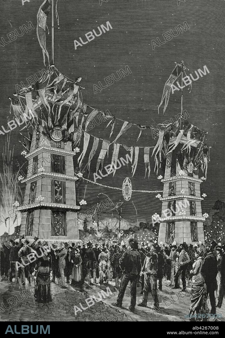 France, Paris. Bastille Day (July 14). Venetian lighting of the Avenue du Bois de Boulogne. Life drawing by Pellicer. Engraving by Bernardo Rico y Ortega (1825-1894). La Ilustracion Espa–ola y Americana, 1881.